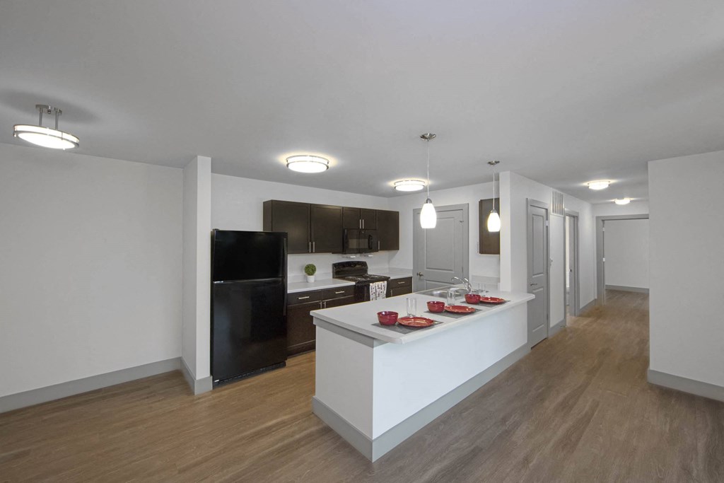 a view of a kitchen and a living room from a staircase royalty free illustration