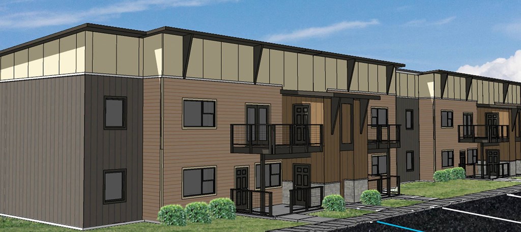 a rendering of a large brown building with balconies