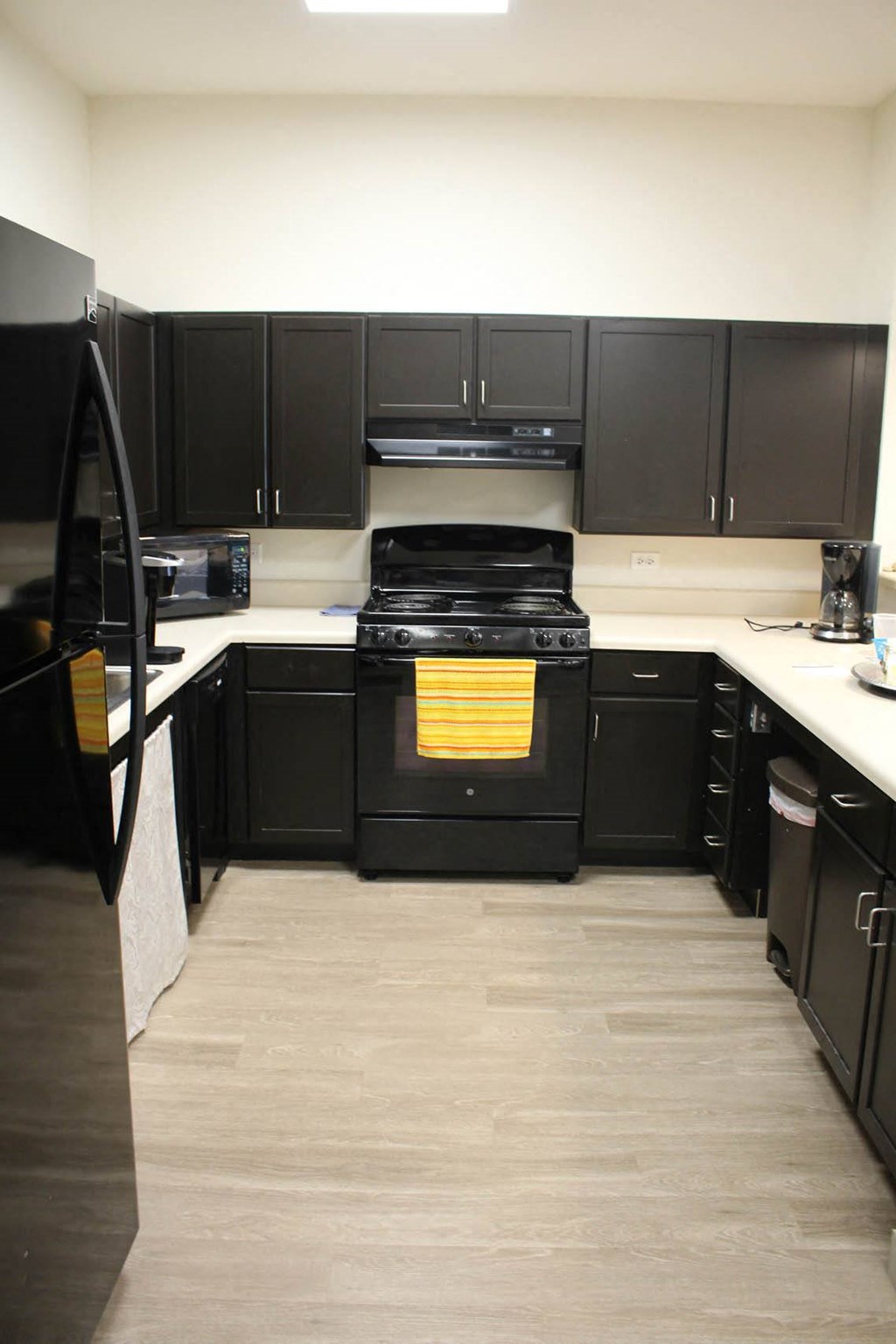 a kitchen with black cabinets and a black stove at Salem Place Apartments, Daleville, IN, 47334