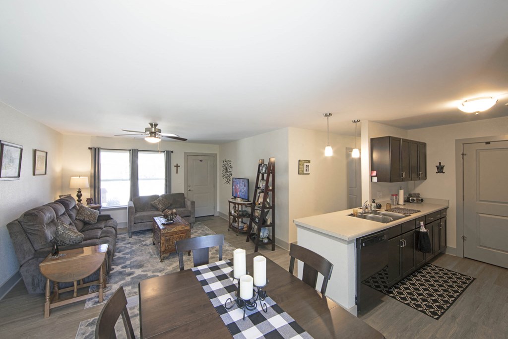 an open living room and kitchen with a checkered rug