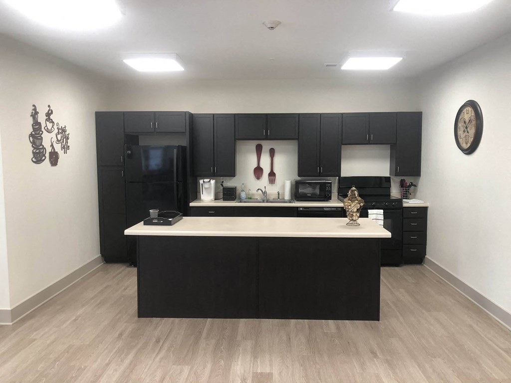 a kitchen with black cabinets and a white counter top  at Lake Park Market Apartments, Hobart, IN, 46342
