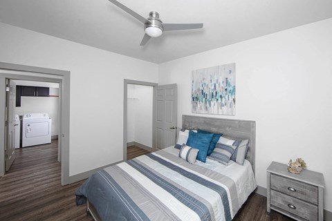 a bedroom with a bed and a ceiling fan at Ritchey Reserve, Fishers, IN, 46038
