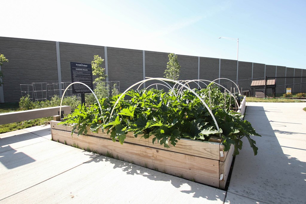 a raised garden in front of a building at SouthPointe Village Apartments, LP, Indiana, 46038