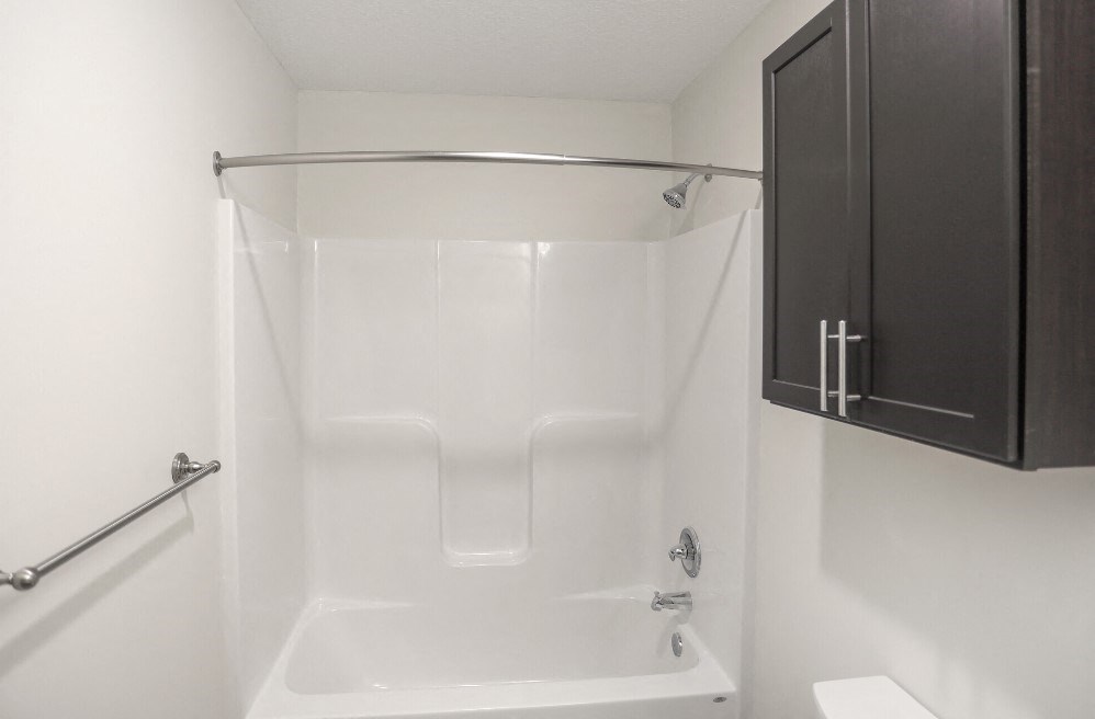 a white bathroom with a shower and a black cabinet