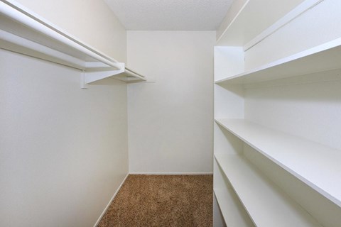 Empty white shelves in a room with brown carpet.