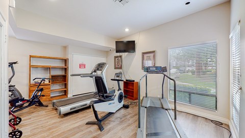 A home gym with a treadmill, exercise bike, and other equipment.