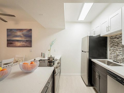 a kitchen with a sink and a refrigerator