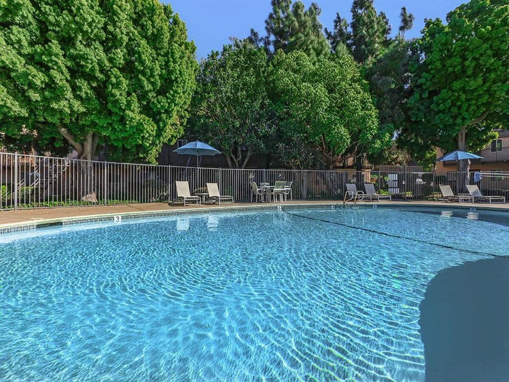 a swimming pool with chairs and umbrellas and trees
