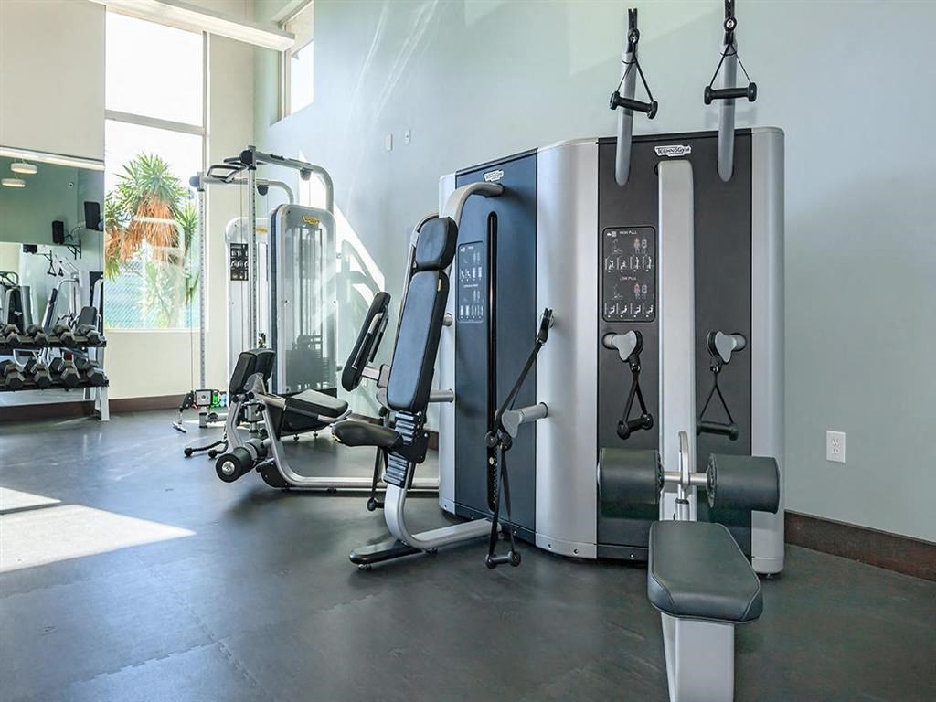 a gym with various machines and weights in a building