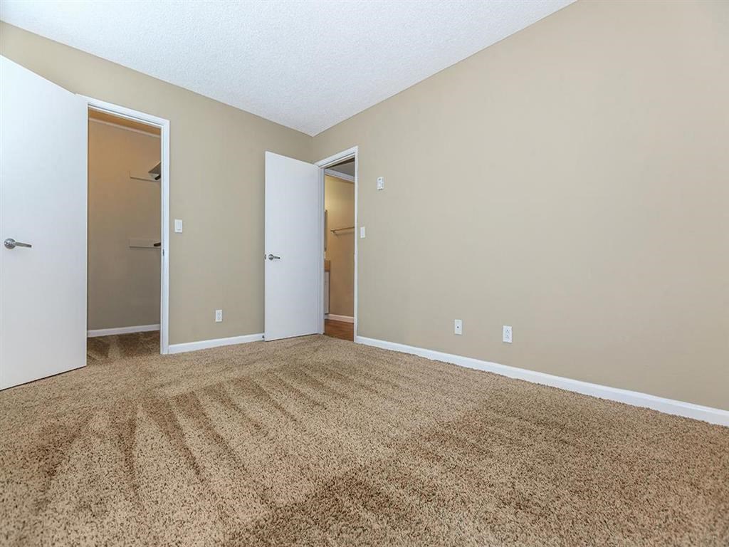 an empty living room with carpet and a door to a closet