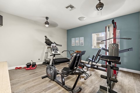 A home gym with a variety of equipment including a treadmill, stationary bike, and weight rack.