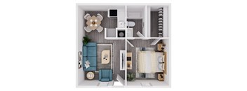 A top-down view of a modern, minimalist apartment with a living room, kitchen, and bedroom.