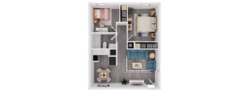 A top-down view of a small apartment with a bedroom, living room, and kitchen area.