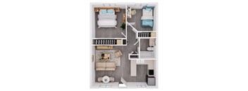 A top-down view of a small apartment with a bed, couch, and kitchen area.