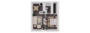 A top-down view of a modern living room with a sofa, coffee table, and a rug.