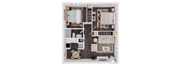 A top-down view of a well-organized apartment with a kitchen, living room, and bedroom.