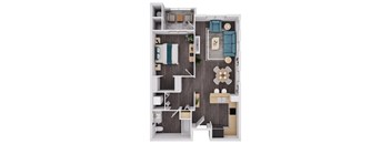 A top-down view of a small apartment with a bedroom, living room, and kitchen.