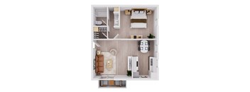 A top-down view of a small, neatly organized apartment with a bedroom, living room, and kitchen.