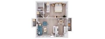 A top-down view of a modern apartment layout with a bedroom, living room, and kitchen.