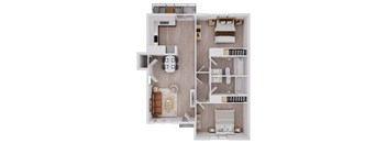 A top-down view of a small apartment with a kitchen, living room, and bathroom.