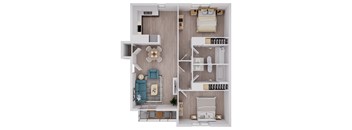 A top-down view of a small apartment with a bedroom, living room, and kitchen.