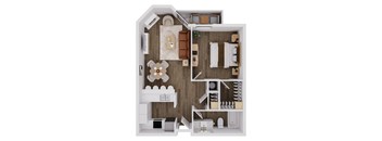 A top-down view of a small apartment with a kitchen, living room, and bedroom.
