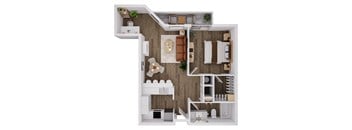 A top-down view of a small apartment with a kitchen, living room, and bedroom.