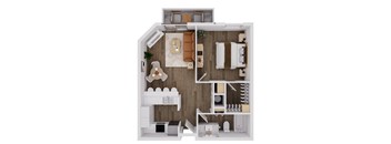 A top-down view of a small apartment with a kitchen, living room, and bedroom.