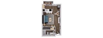 A top-down view of a small apartment with a kitchen, living room, and bathroom.