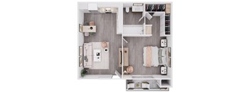 A top-down view of a small, neatly organized apartment with a kitchen, living room, and bathroom.