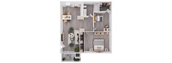 A top down view of a small apartment with a kitchen, living room, and bedroom.