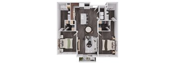 A top down view of a small apartment with a kitchen, living room and bathroom.