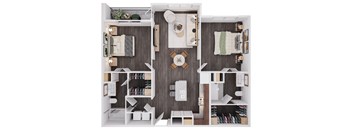 A top down view of a small apartment with a kitchen, living room, and bedroom.