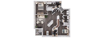 A top-down view of a well-organized apartment with a kitchen, living room, and bedroom.
