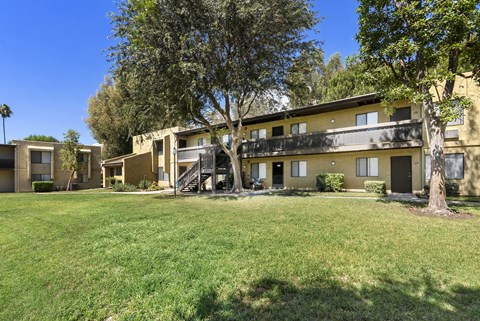 A row of houses with green lawns and trees in front.