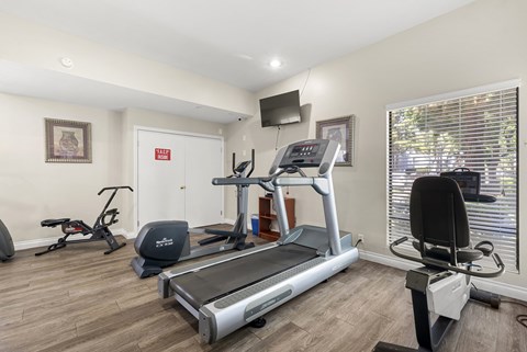 A home gym with a treadmill, exercise bike, and other equipment.