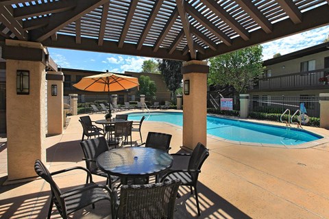 A patio with a table and chairs and a pool in the background.