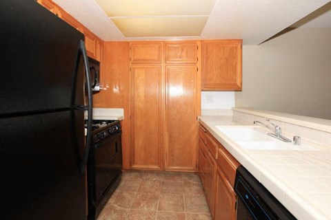 a kitchen with a black refrigerator and a sink
