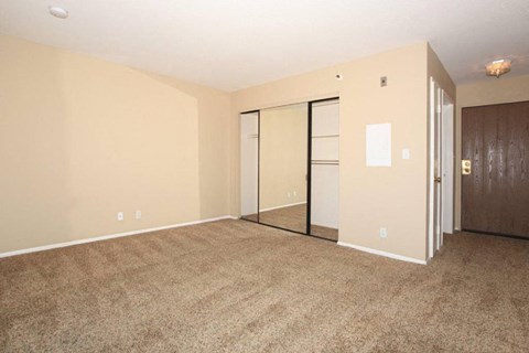 an empty living room with a door to a closet
