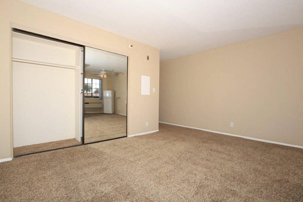 an empty living room with a mirror and a closet