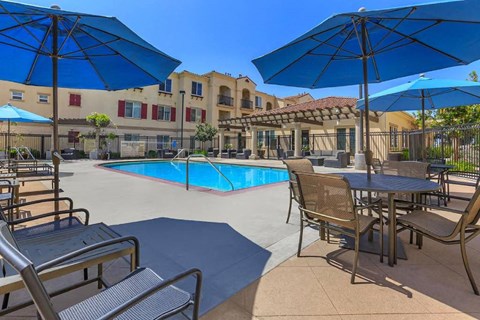 our apartments have a pool and tables with umbrellas