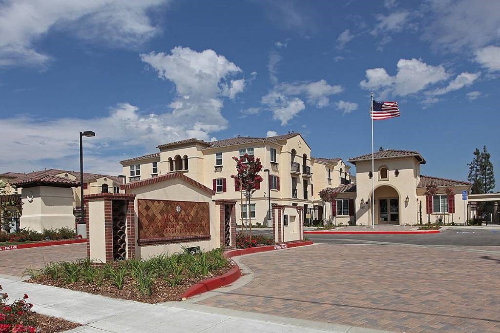 a building with an flag in front of it