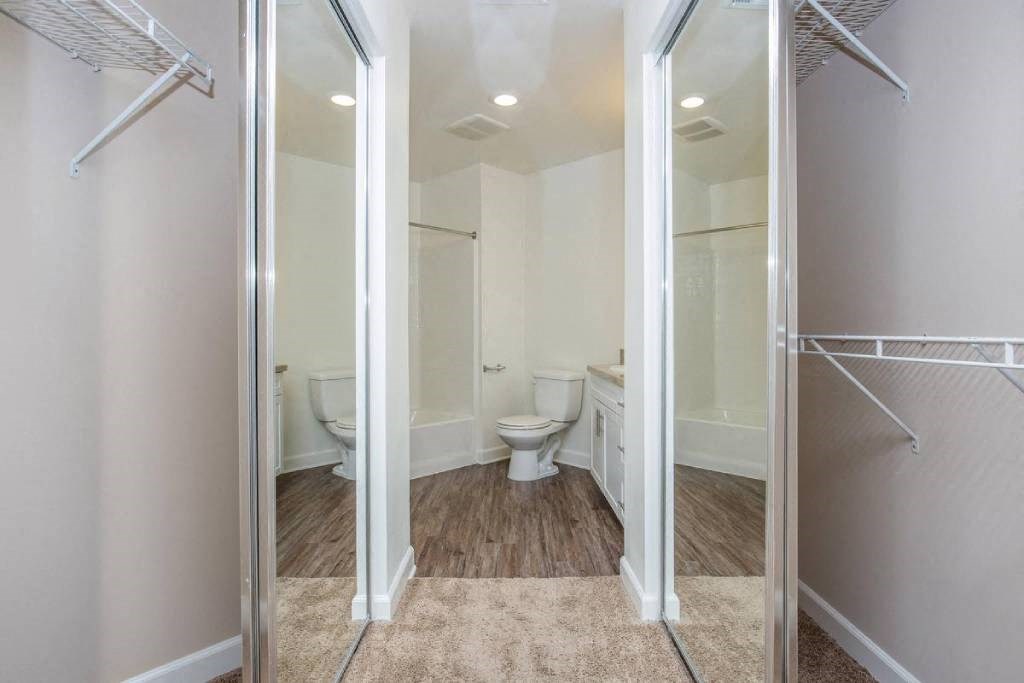 a bathroom with a toilet and a closet