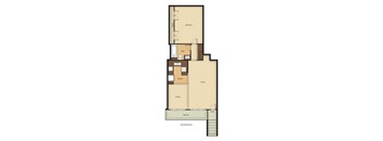 A floor plan of a one bedroom apartment with a living room, kitchen, dining area, and bathroom.