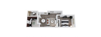 a stylized floor plan with a bedroom and a living room