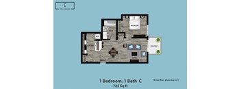 A floor plan of a one bedroom apartment with a bathroom and balcony.