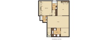A floor plan of a one bedroom apartment with a den.