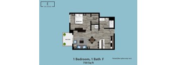 A floor plan of a one bedroom apartment with a bathroom.