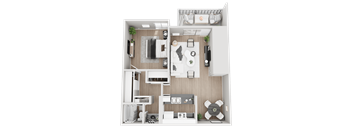 A top-down view of a small apartment with a kitchen, living room, and bathroom.