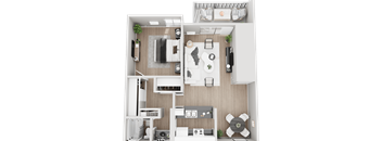 A top-down view of a small, well-organized apartment with a kitchen, living room, and bathroom.